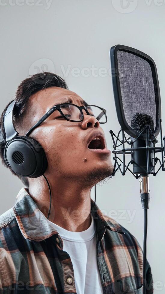 AI generated A man wearing headphone while singing in front of microphone against clean white background, background image, generative AI photo