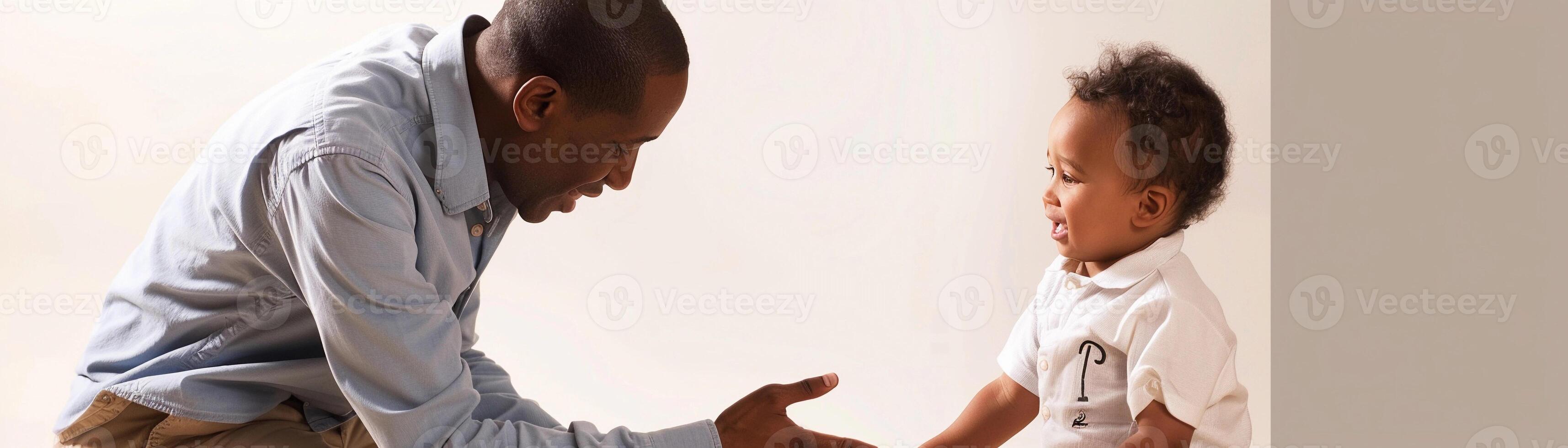AI generated Father kneeling down to his toddler son's level, offering guidance or assistance with a warm smile, against a clean white background, generative AI photo