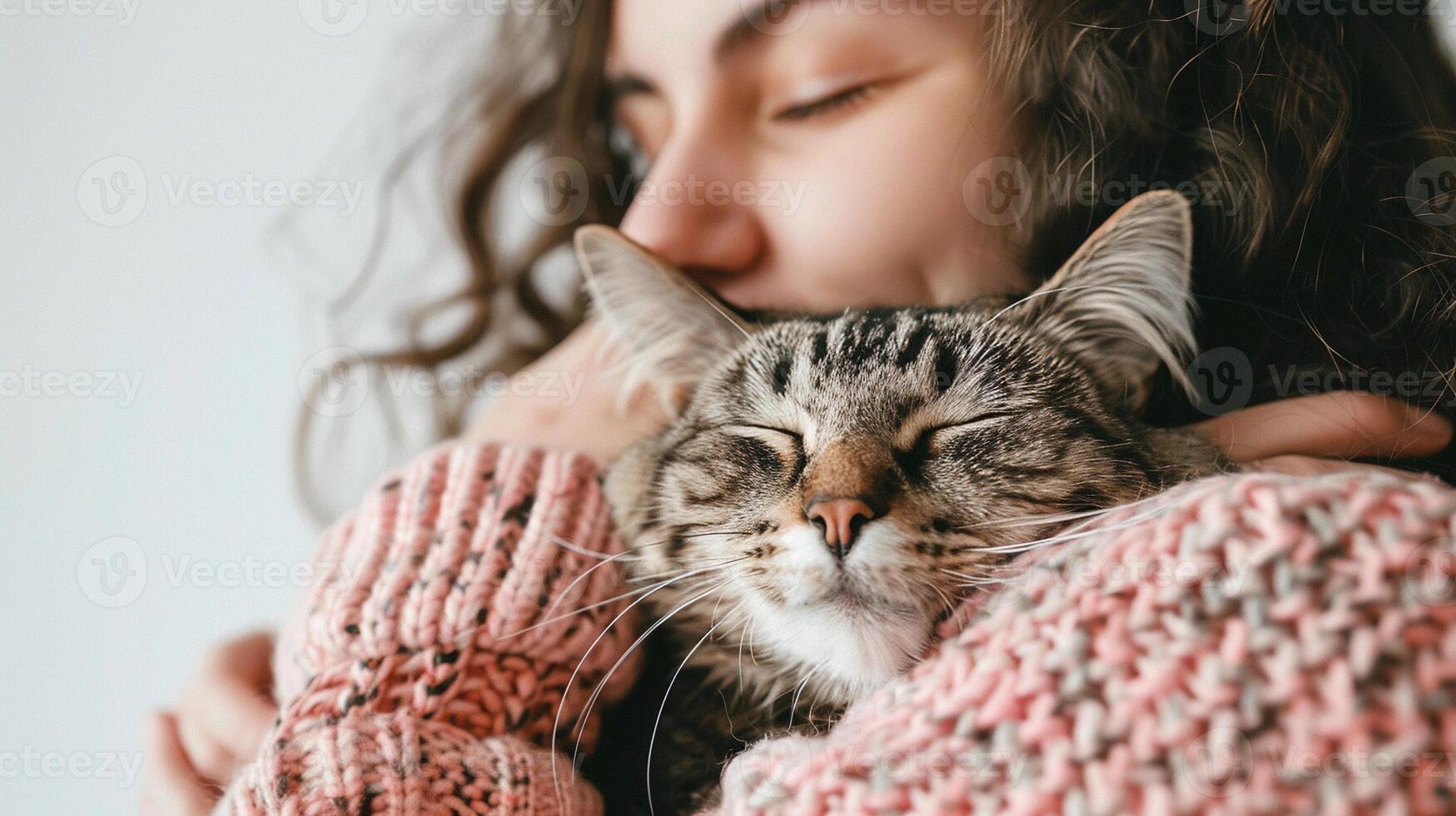 AI generated Close-up of the girl cuddling her cat close to her face, with both displaying contentment and relaxation, generative AI photo