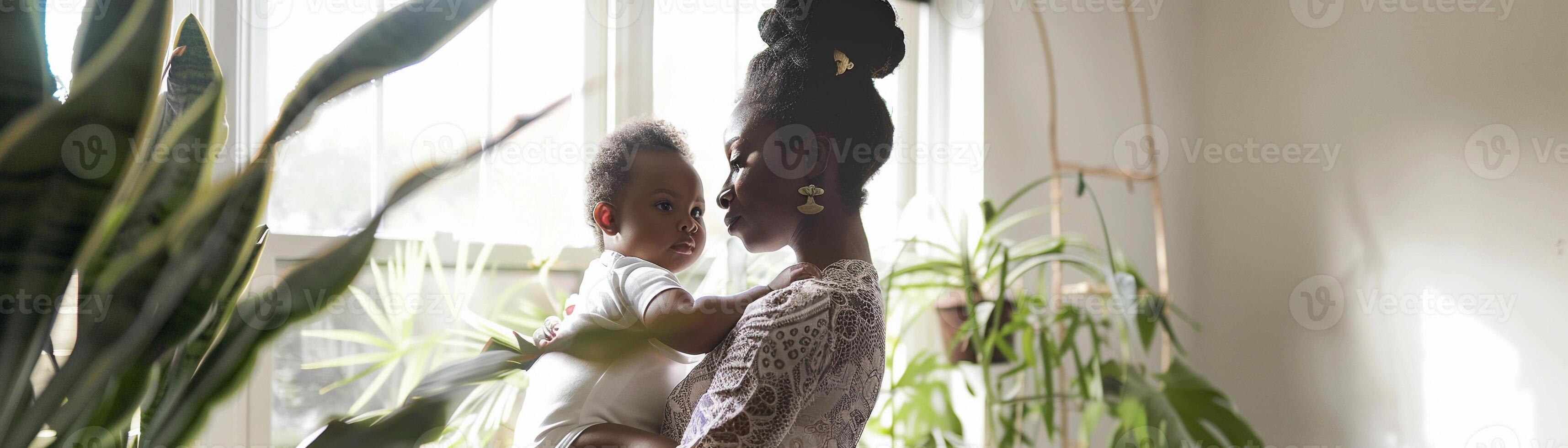 AI generated Portrait of a black mother holding her baby inside a bright white-walled house, background image, generative AI photo