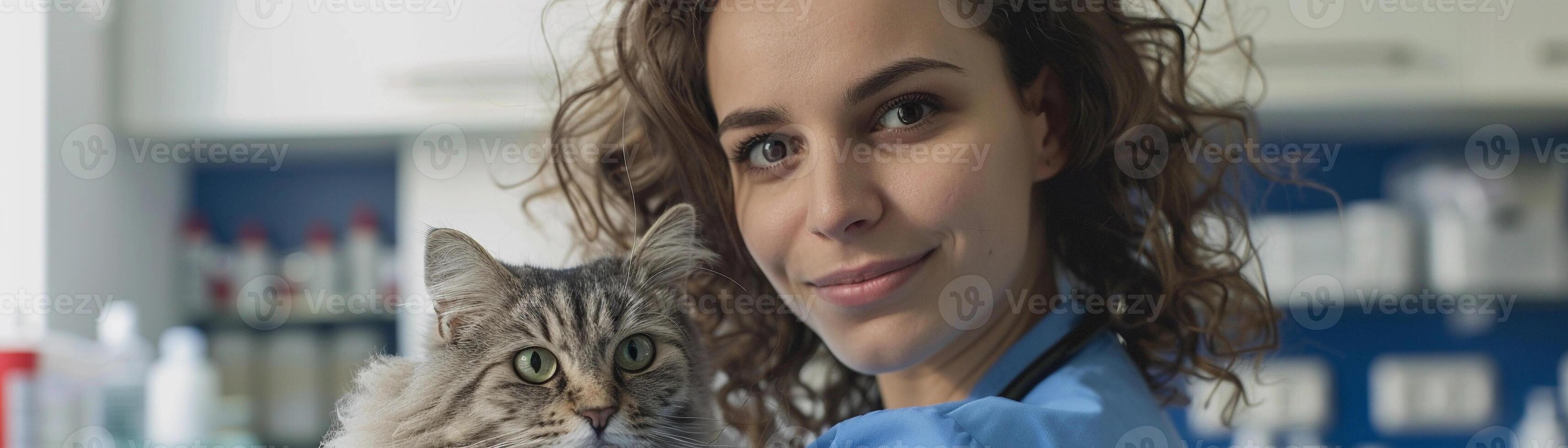 ai generado retrato de un hembra veterinario con un gato en un veterinario clínica en contra blanco fondo, generativo ai foto