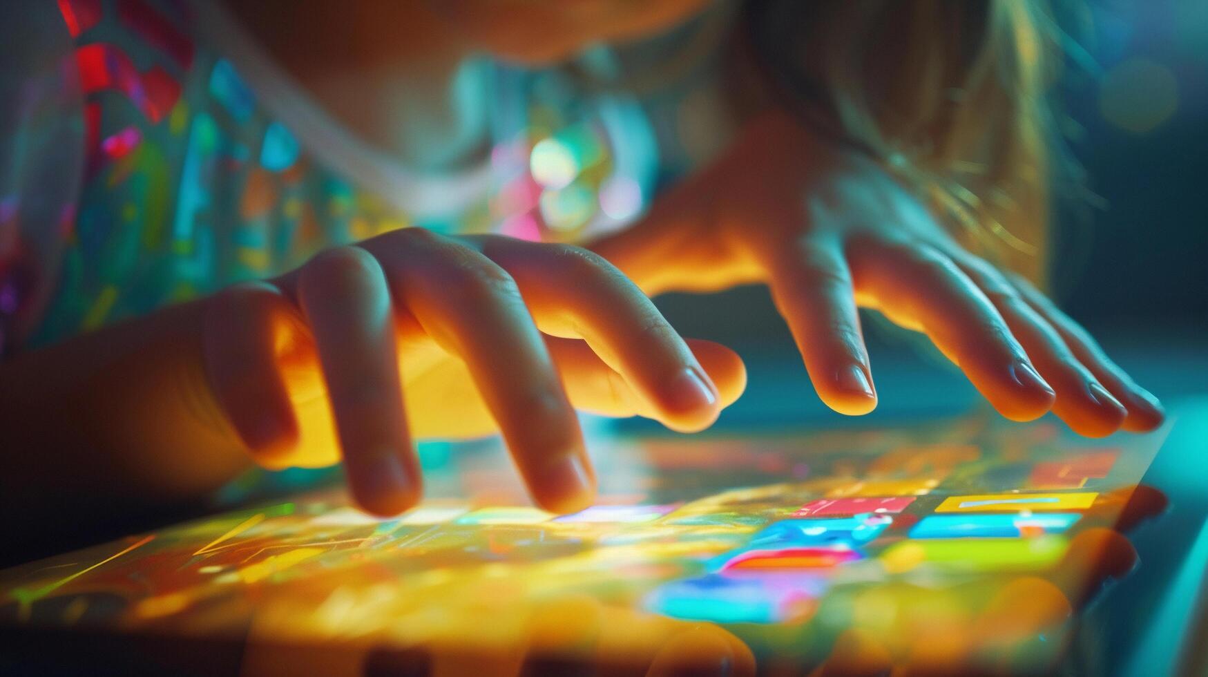 AI generated Interactive Learning, a child using a touch screen tablet to engage with educational apps or digital learning materials, background image, generative AI photo