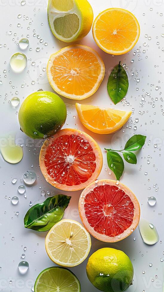 AI generated Citrus Splash, refreshing medley of citrus fruits including lemons limes and grapefruits, generative AI, background image photo