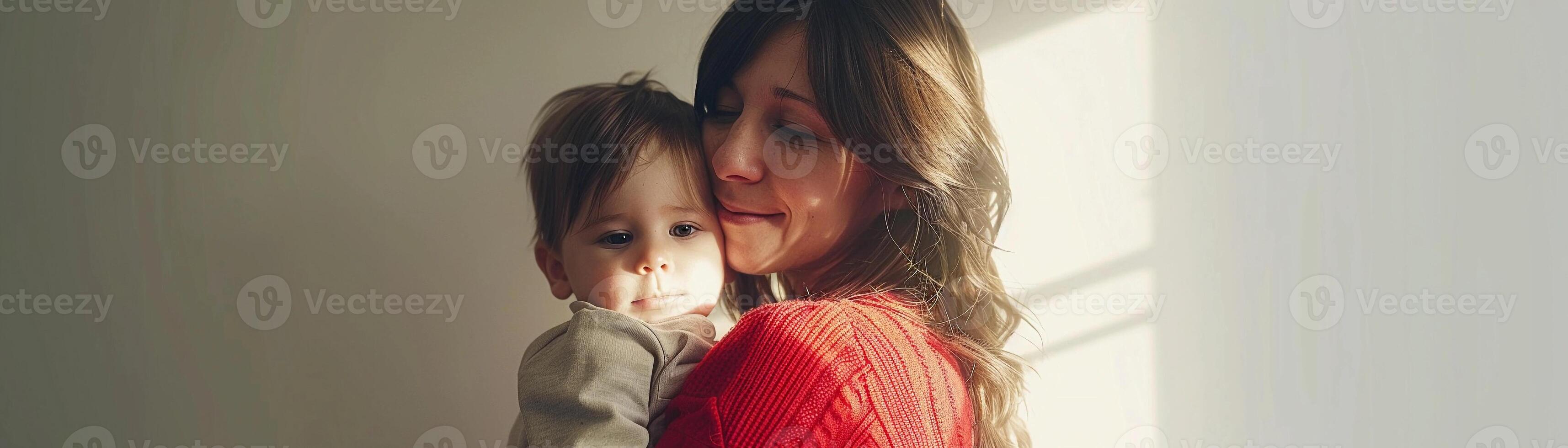 AI generated Tender moment of the mother holding her toddler son in her arms against a clean white background, generative AI photo