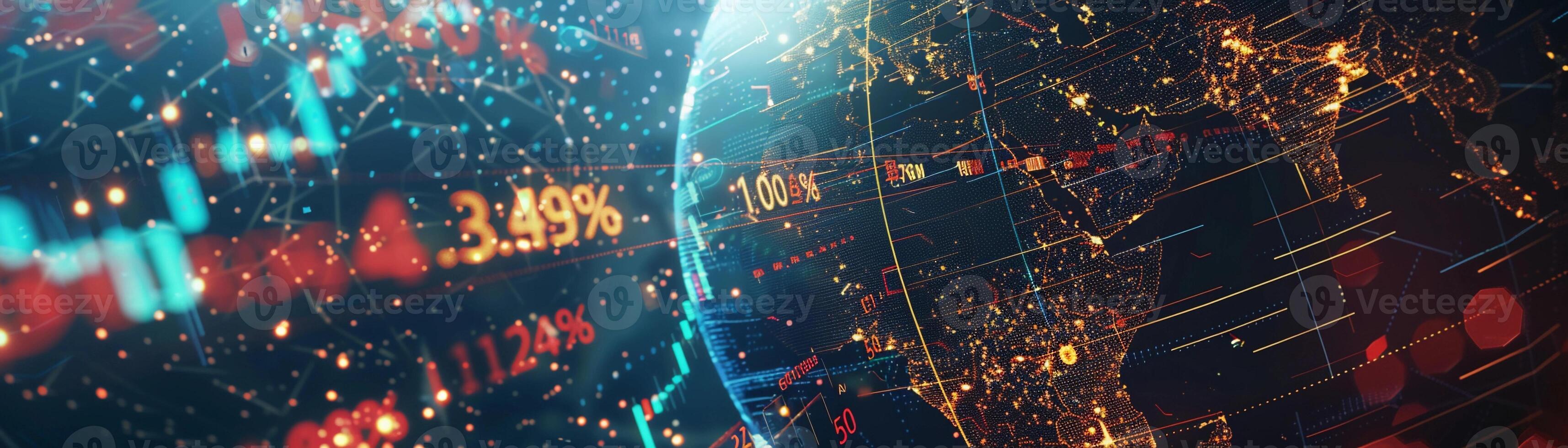 ai generado dinámica escena con global financiero mercados en movimiento, con moneda símbolos, valores tickers, y económico indicadores fluctuante en tiempo real, generativo ai foto