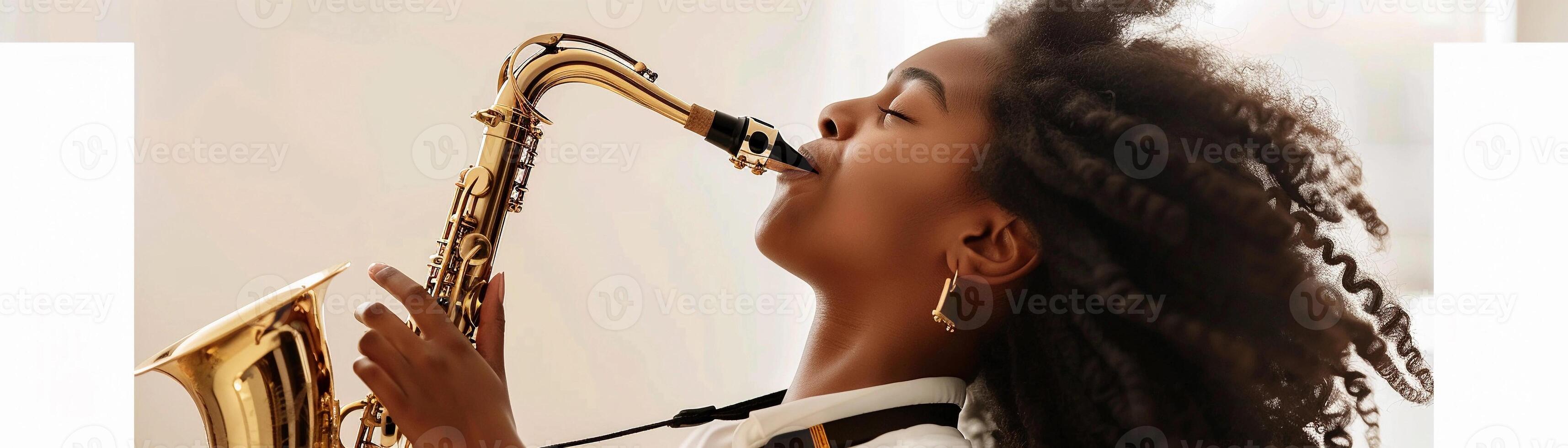 AI generated The girl's joy and passion for music, she has her eyes closed, and a wide smile as she blows into the saxophone, background image, generative AI photo