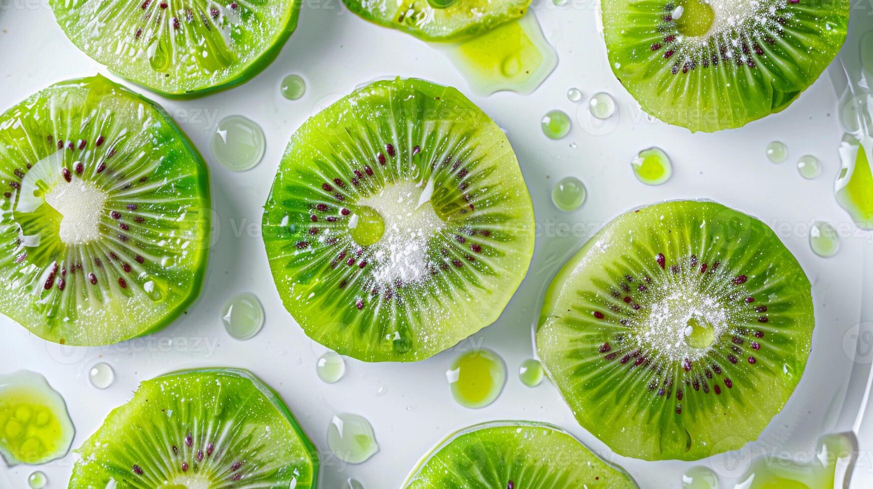 AI generated Slices of vibrant green kiwi arranged in a circular pattern on a white plate, generative AI, background image photo