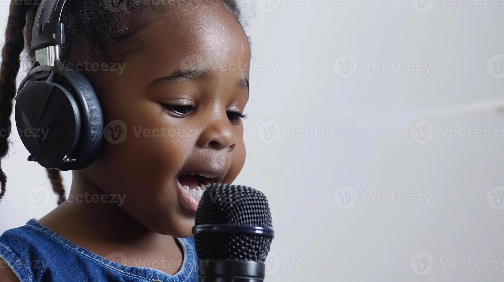 ai generado un negro pequeño niña vistiendo auricular mientras canto en frente de micrófono en contra blanco fondo, antecedentes imagen, generativo ai foto