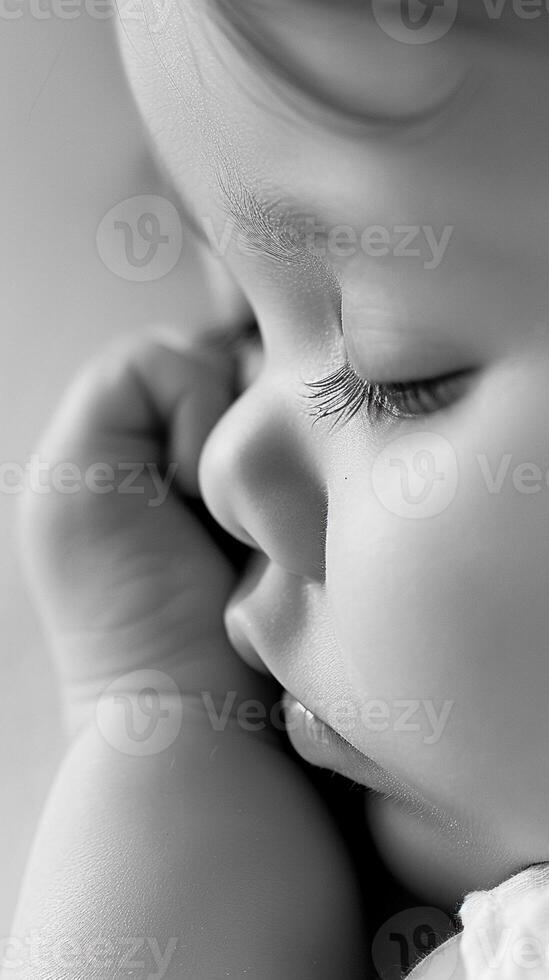 AI generated Close-Up Details, close-up shots of the newborn baby's tiny features, such as their button nose, tiny fingers or rosy cheeks, background image, generative AI photo