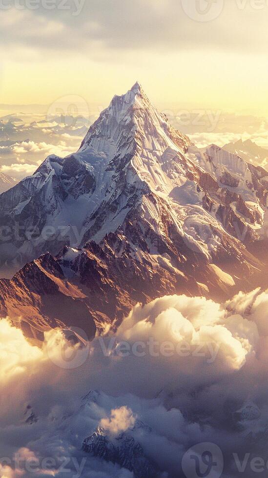 AI generated Majestic mountain peak rising above the clouds, bathed in golden sunlight, against a backdrop of rolling hills or misty valleys, generative AI photo