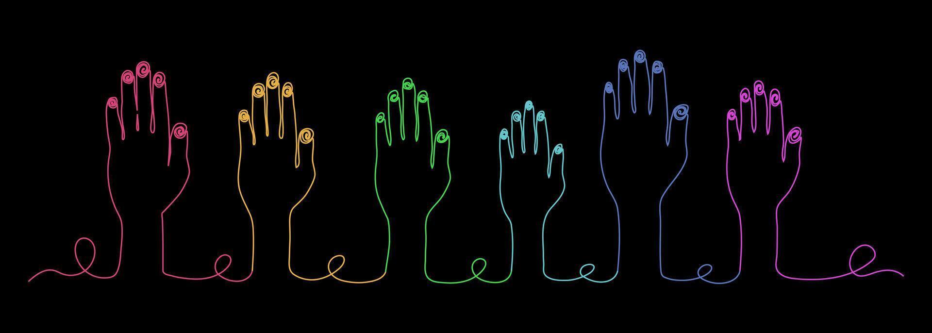 Hand up design illustration in continuous line style, symbol of differences in culture, ethnicity, society, teamwork vector