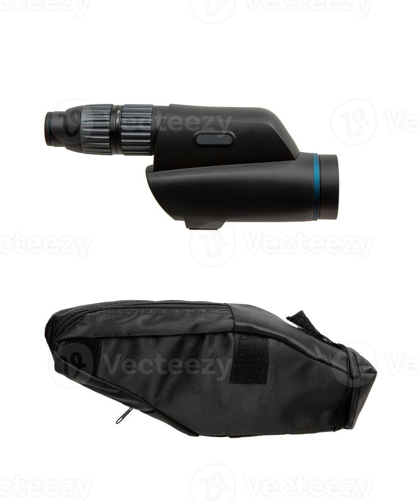 Modern spyglass. Long-range observation device. Monocular isolate on a white back photo