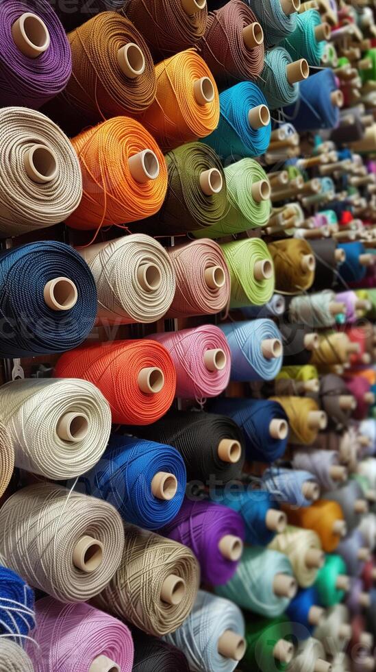 Multicolored yarn spools used in textile industry. Pile of big colorful spools of thread. Colored thread spools of thread large class, textiles, background. Ai. Generative ai. photo