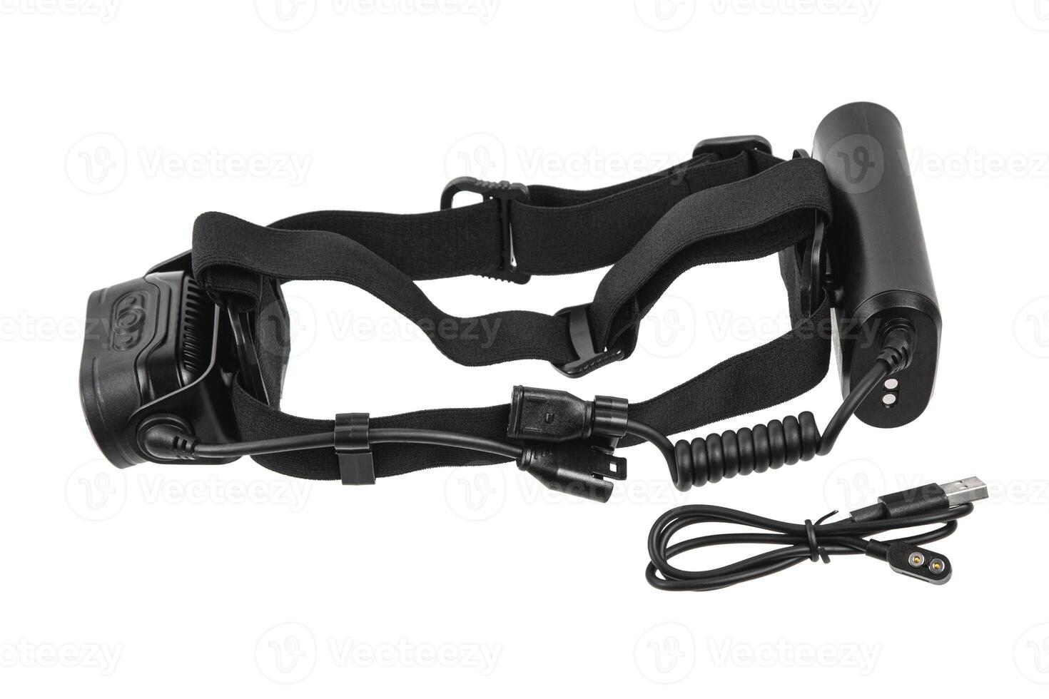 Modern LED headlamp. A flashlight for when you need your hands free. Isolate on a white back photo