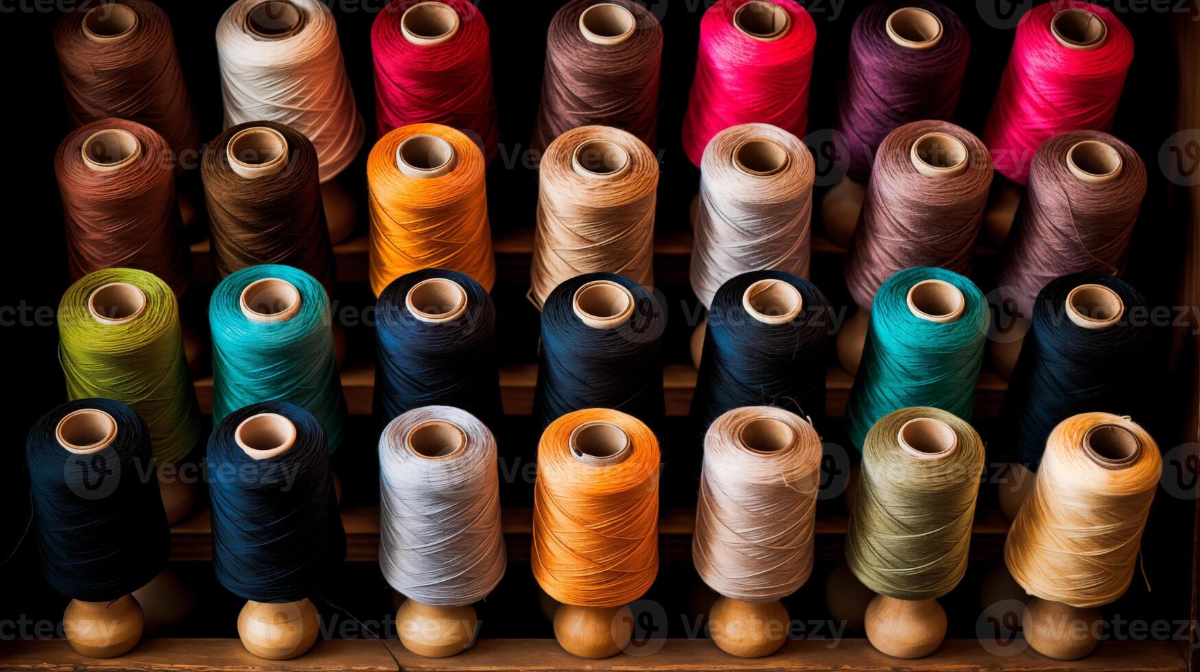 Multicolored yarn spools used in textile industry. Pile of big colorful spools of thread. Colored thread spools of thread large class, textiles, background. Ai. Generative ai. photo