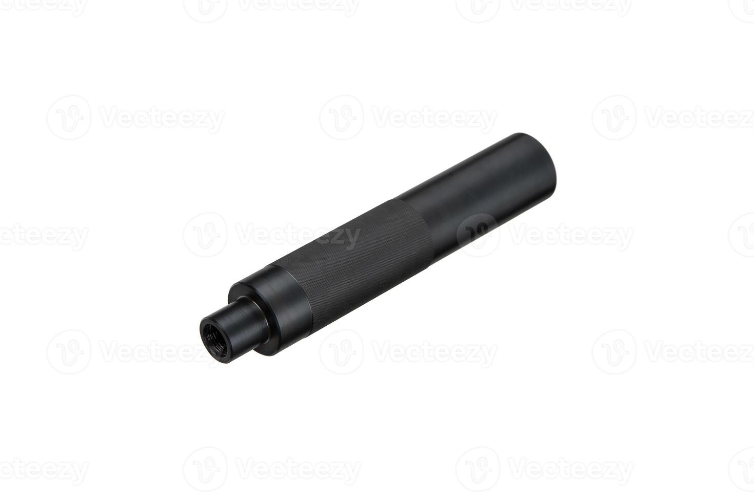 Black silencer for weapons. Suppressor that is at the end of an assault rifle. Isolate on a white back. photo