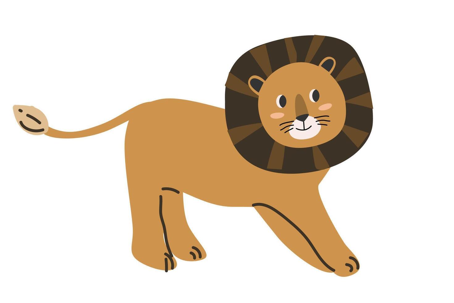 Cute jungle wild animal - lion in scandinavian style. Vector illustration in flat style. Isolated vector icons of wild jungle cute lion, baby animal character walking. Can used for cards, background.