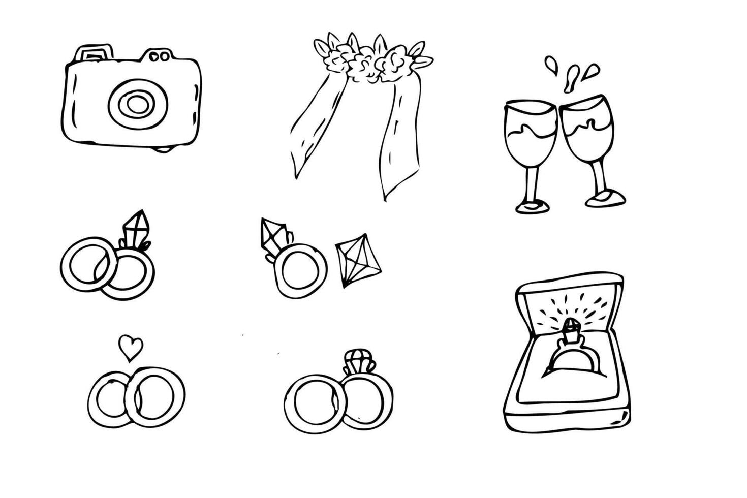 Hand drawn wedding outline doodle icons set of jewerly and bridal. Vector illustration of wedding ceremony items in hand drawn doodle sketch style, for greeting card, invitation, save and date card.