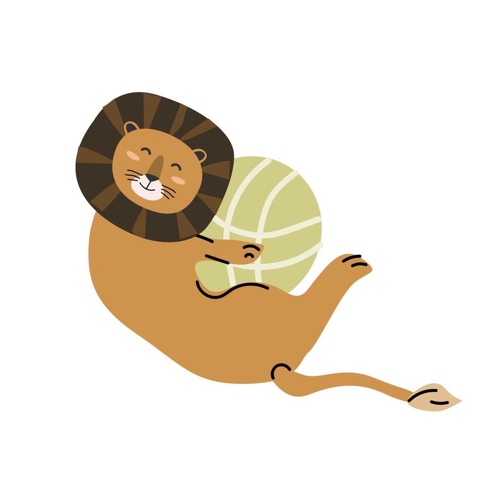 linda selva salvaje animal gato - león con pelota en escandinavo estilo. vector ilustración en plano estilo. aislado vector íconos de salvaje selva linda león, bebé animal personaje. lata usado para tarjetas, antecedentes.