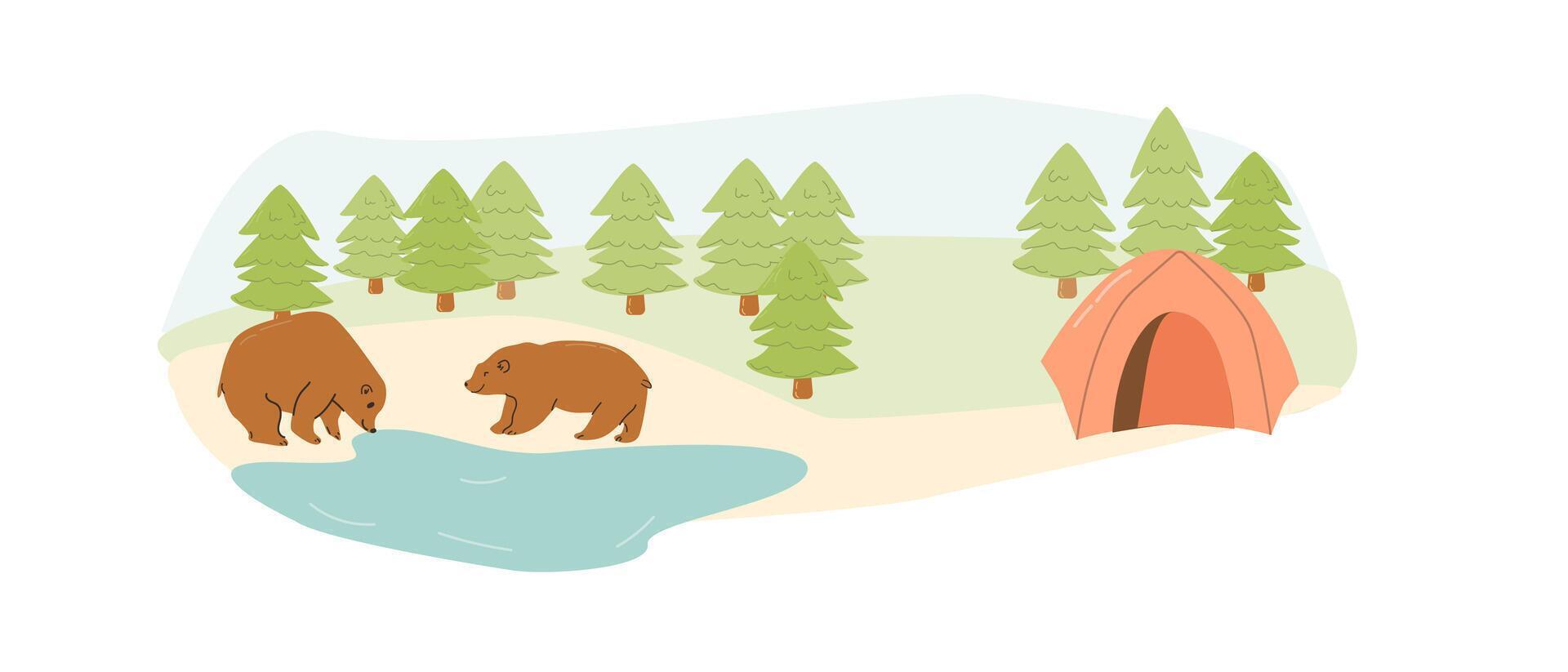 camping travel in nature with bear near the lace. Vector illustration isolated. Beautiful scenery for travel banner. Cute bears in nature.