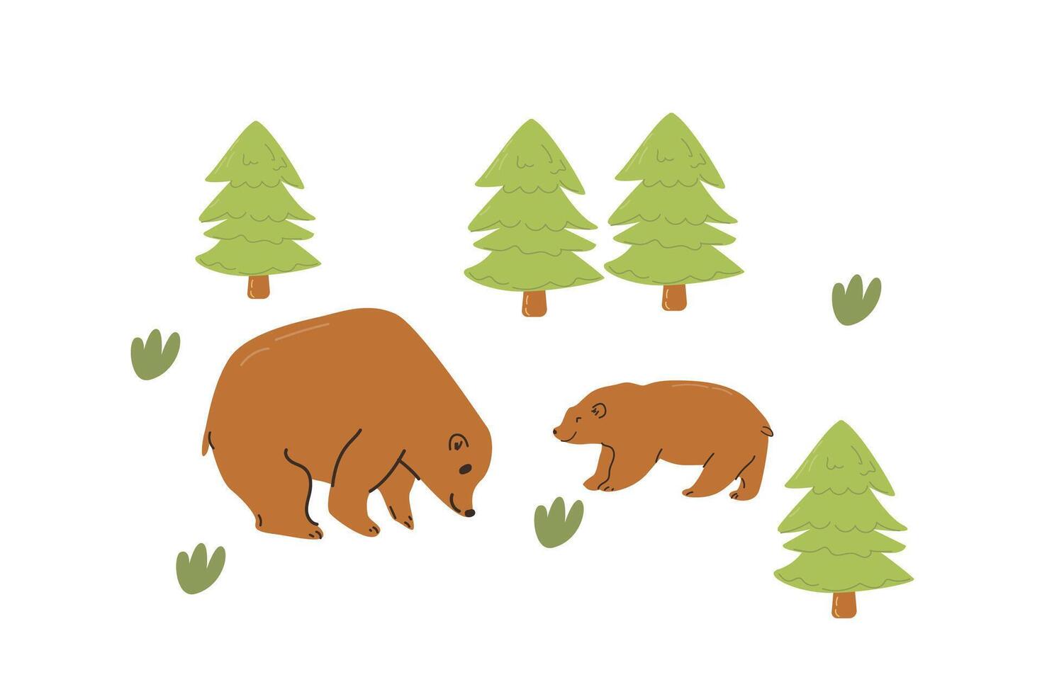 woodland animals bears in forest summer set. Vector illustration can used for wrapping paper, wallpaper, decoration poster. Bear animals with christmas tree and grass in summer.