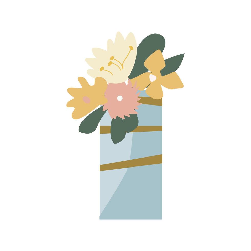 Flower bouquet in decorative vase with gold decor. Vector illustration can used for sticker, wallpaper, greeting card. Golden decor on pot and spring flowers.