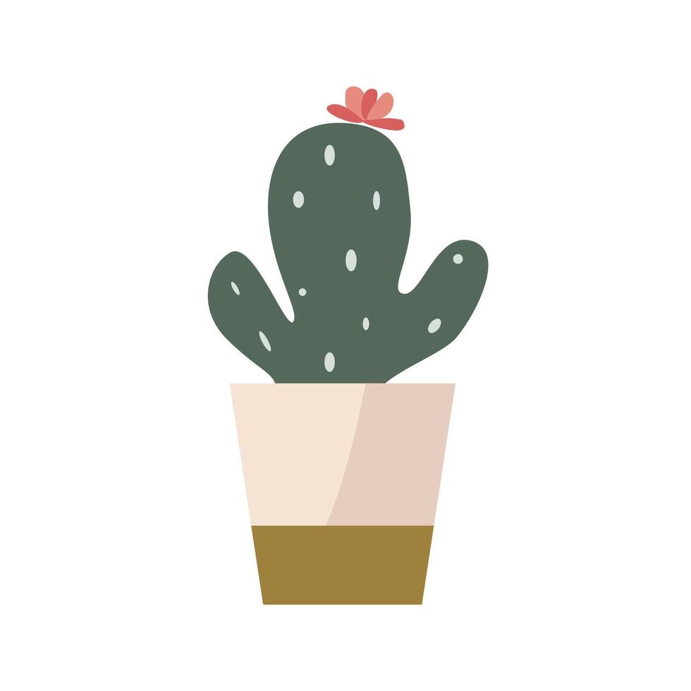 Home plant cactus with flower in golden pot. Vector illustration isolated. Can used for greeting card, banner, sticker, wallpaper, decoration banner and poster. Home plant in decorative golden pot.