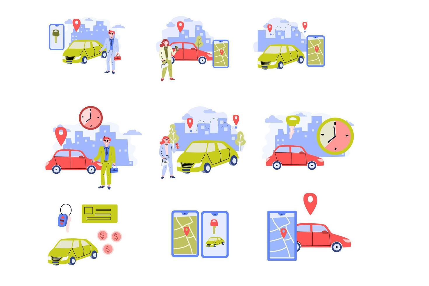 big set of car sharing and rent automobile concept illustration vector