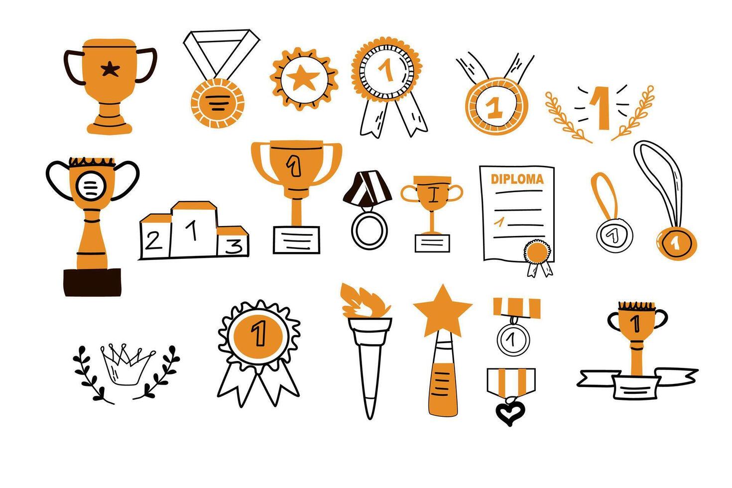 Big set of Hand drawn doodle awards outline with color icons isolated. Vector illustration of winner trophy cup, champion medal, win diploma. Hand drawn sketch - champion, victory, success elements