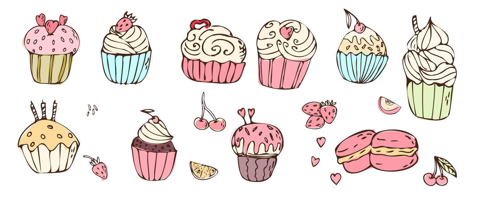 Doodle cupcakes and macaroons with cream, sweet food big set. Vector illustration can used for bakery background, invitation card, poster, textile, banner, greeting card, invitation card, bakery design