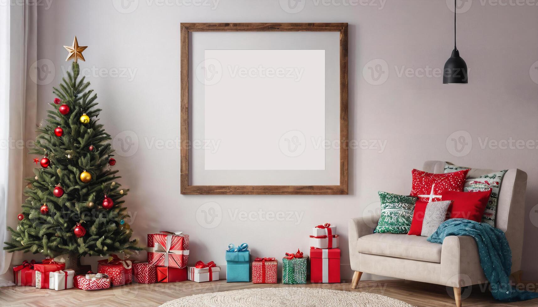 AI generated Christmas children room design poster mock up with vertical empty wooden frame on wall photo