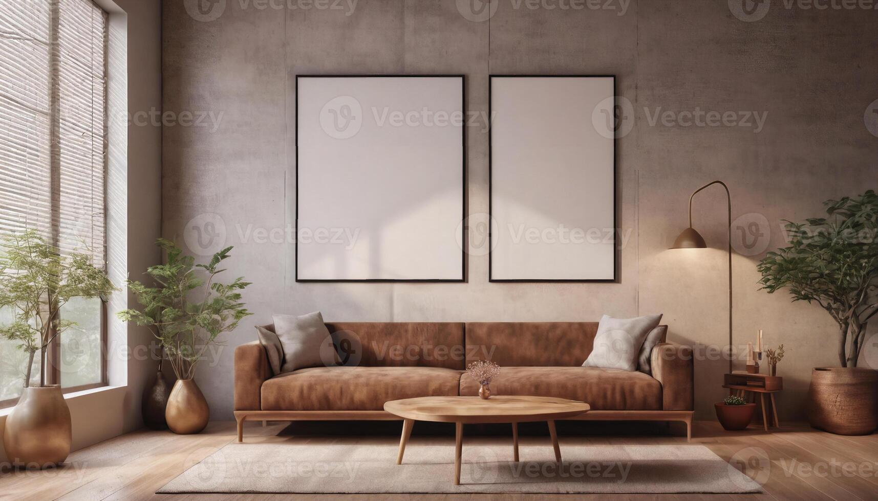 ai generado burlarse de arriba póster marco en moderno interior antecedentes gris sofá madera piso, vivo habitación, escandinavo estilo, foto