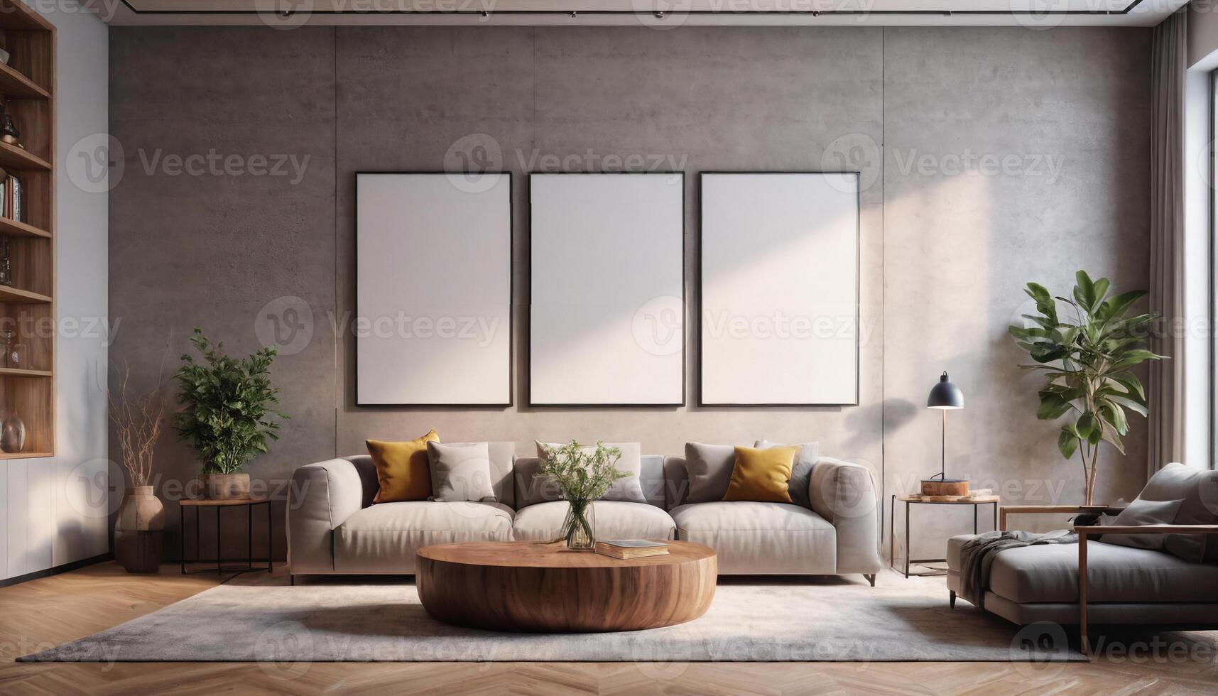 AI generated poster mockup with Three frames on empty white wall in living room interior, Living room photo