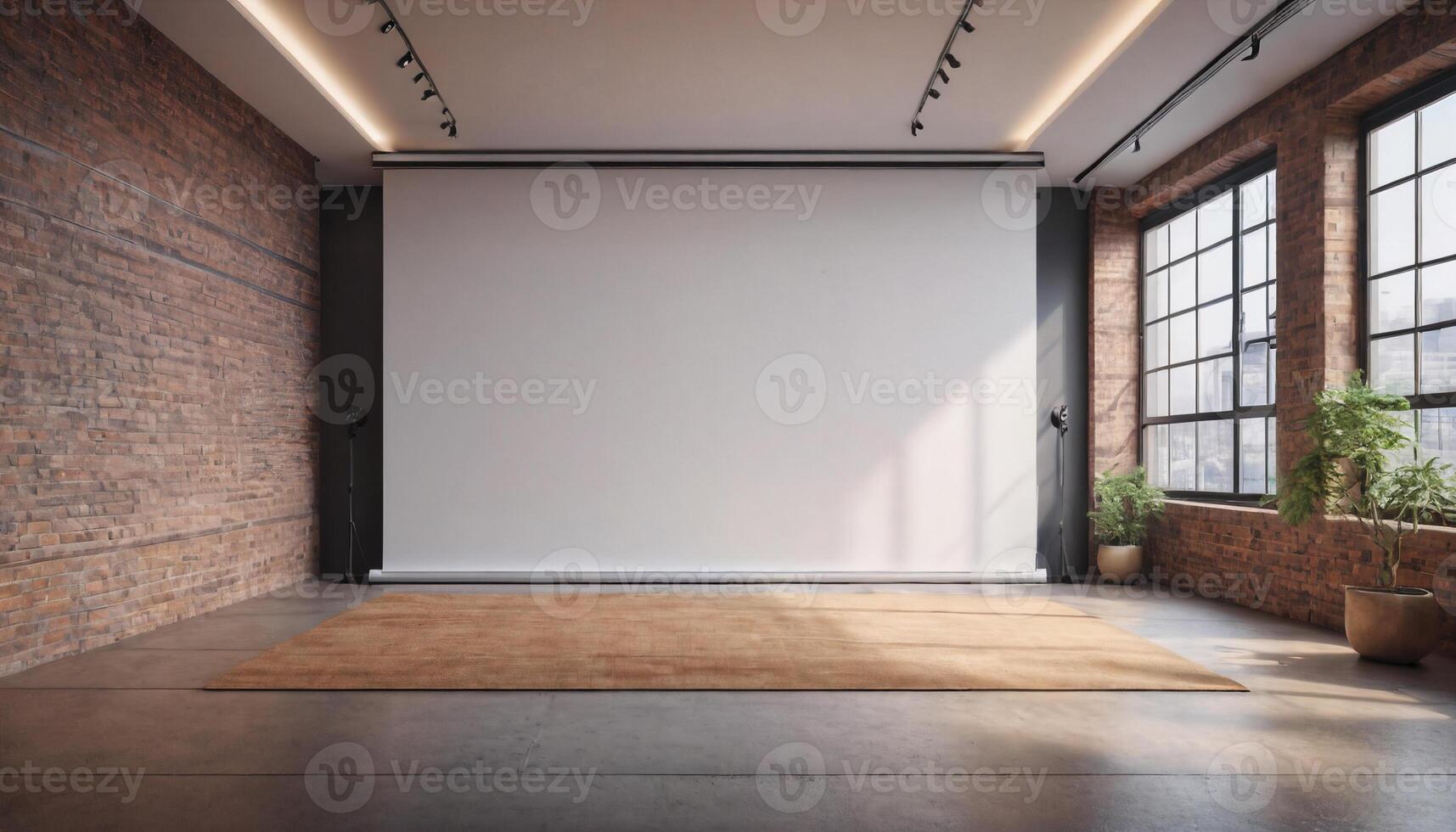 AI generated large smart room concept, a blank large projection screen on the wall background photo