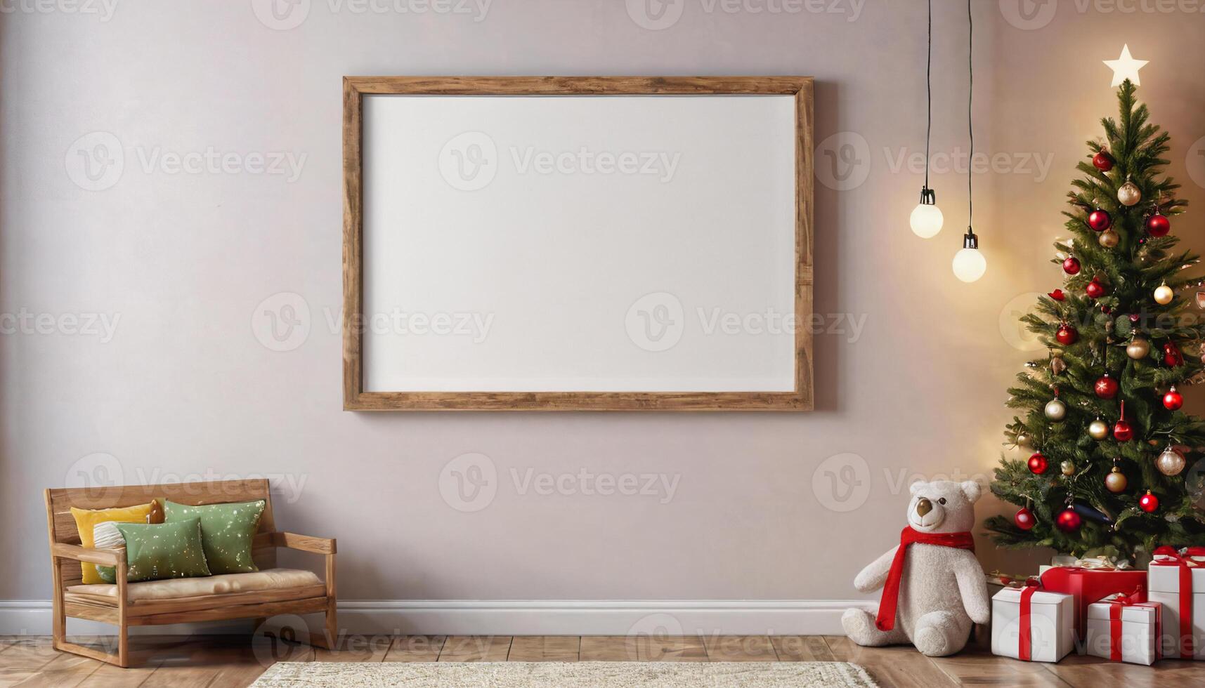 AI generated Christmas children room design poster mock up with vertical empty wooden frame on wall photo