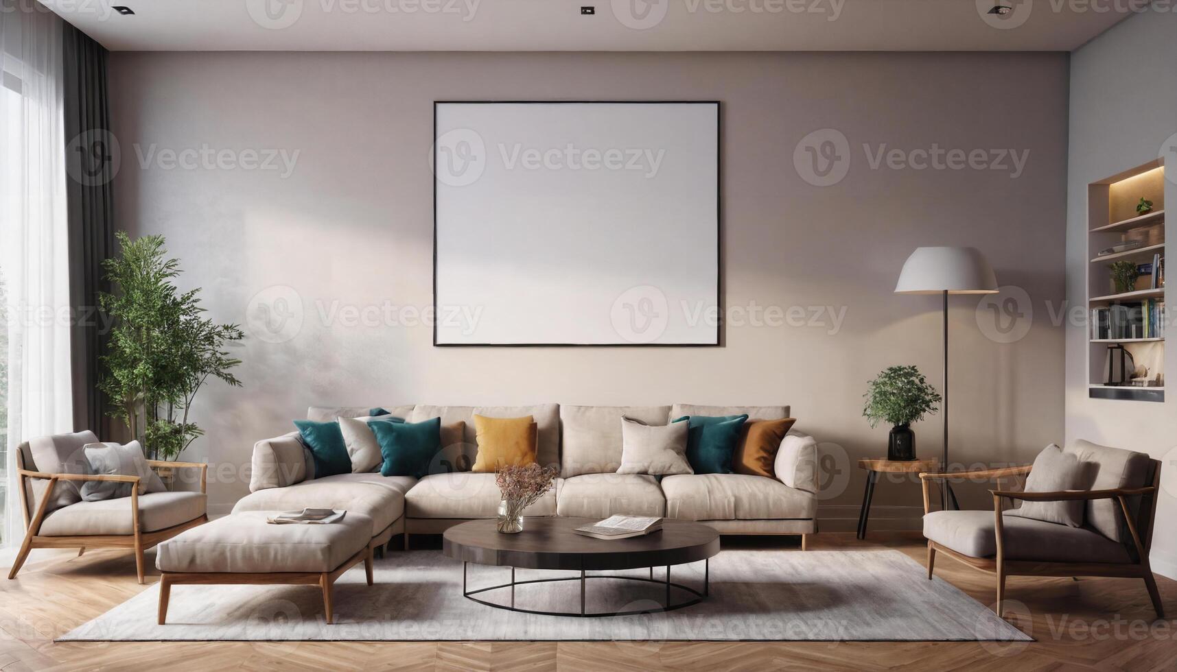 AI generated Square poster mockup with Three frames on empty white wall in living room interior, Living room, photo