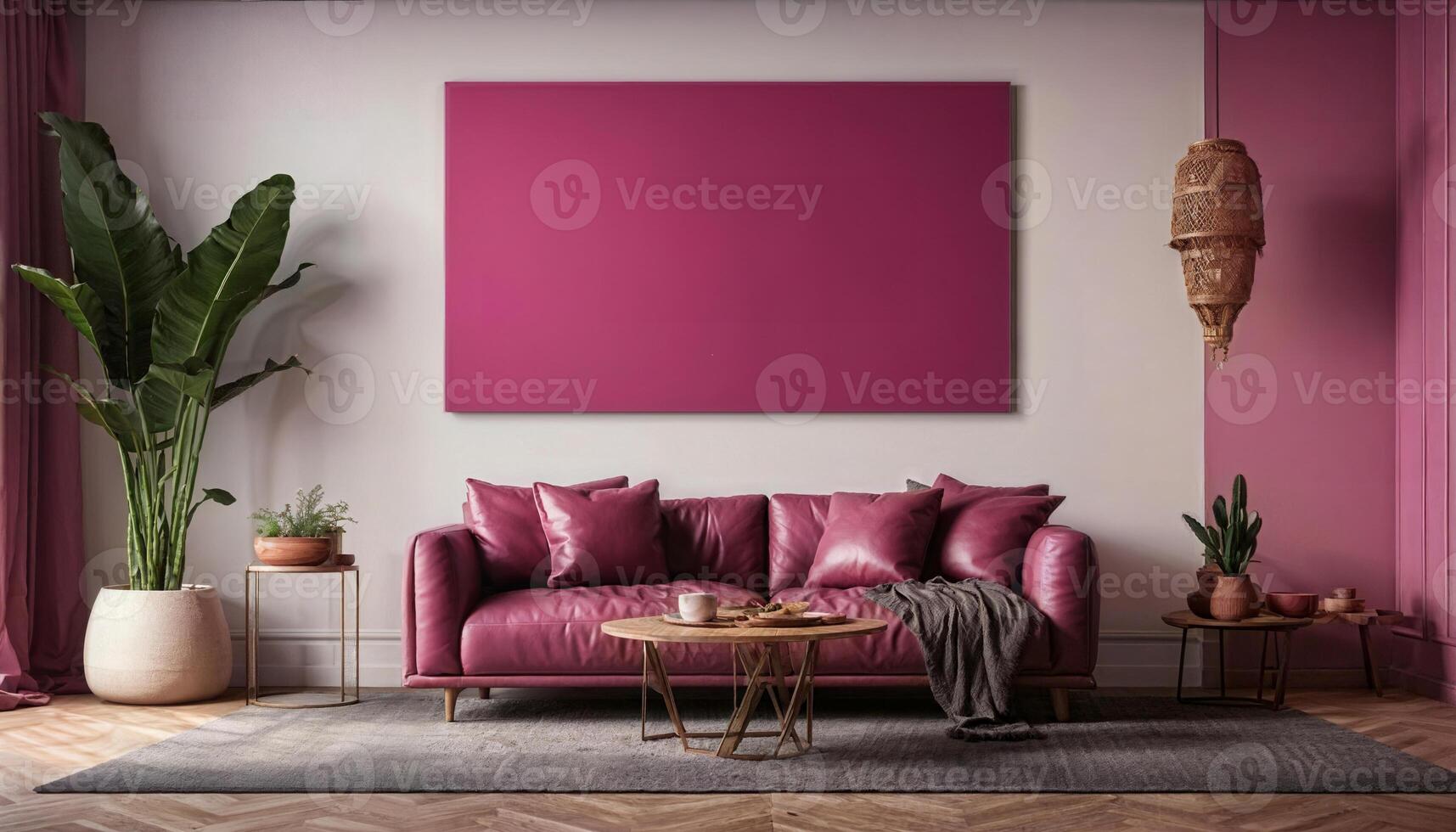 AI generated Living room interior  Wall mockup in dark pink tones with leather sofa,   Empty pink canvas with frame. photo