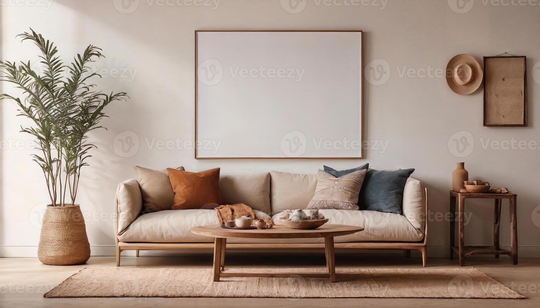 AI generated Living room interior wall mockup in warm tones with beige linen sofa, Empty white canvas with  frame photo