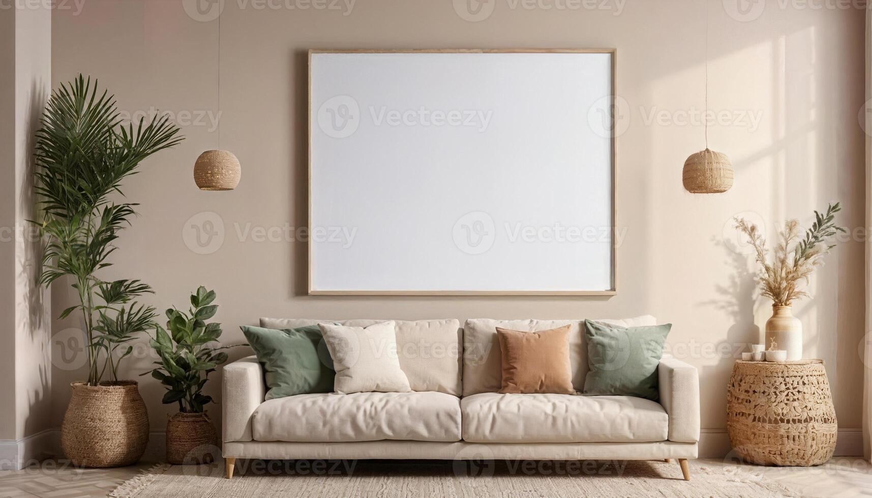 AI generated Living room interior wall mockup in warm tones with beige linen sofa, Empty white canvas with frame photo