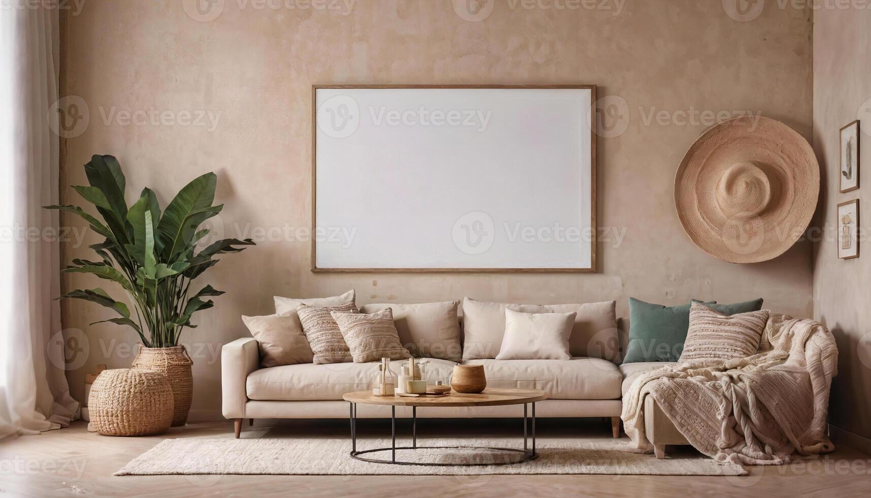 AI generated Living room interior wall mockup in warm tones with beige linen sofa, Empty white canvas with  frame photo