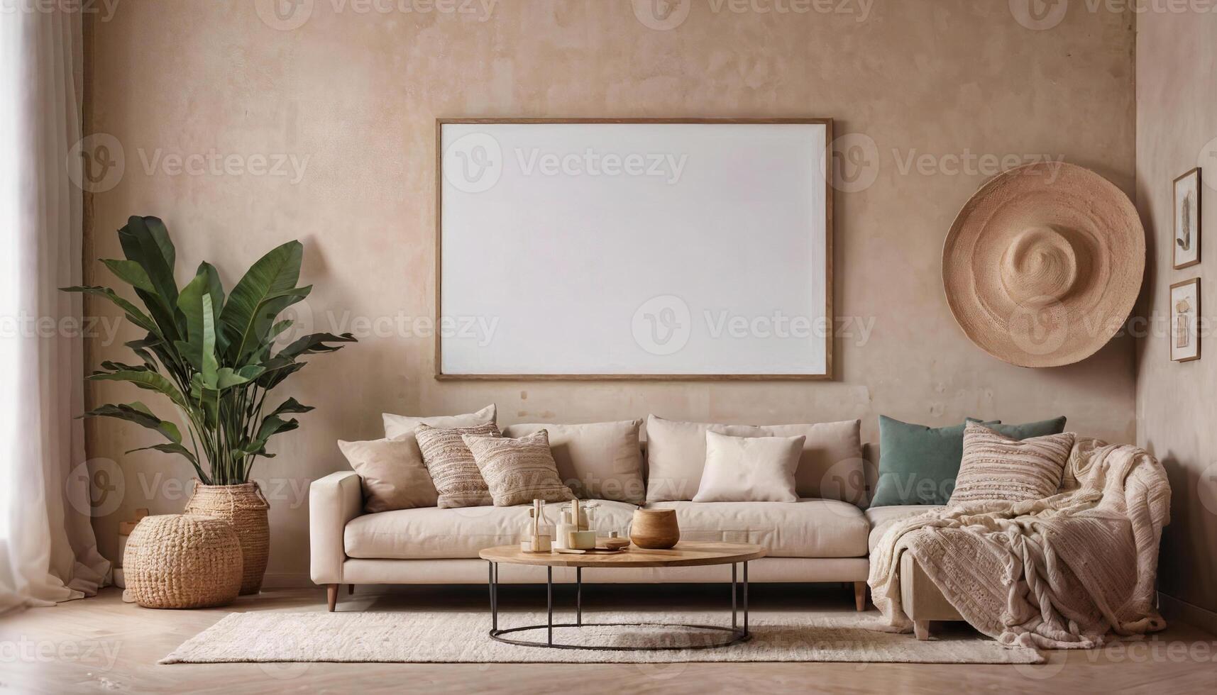 ai generado vivo habitación interior pared Bosquejo en calentar tonos con beige lino sofá, vacío blanco lona con marco foto