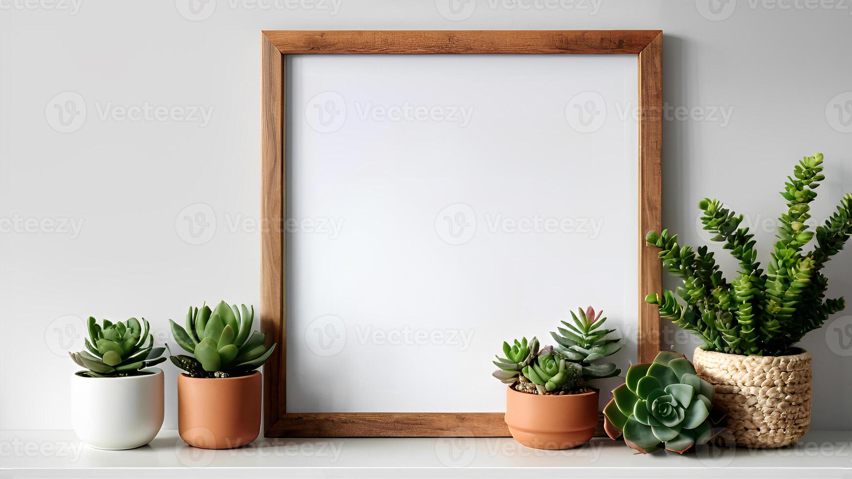 AI generated Close-up of interior poster mockup with square wooden frame and succulents on white wall background. Generative AI illustration photo