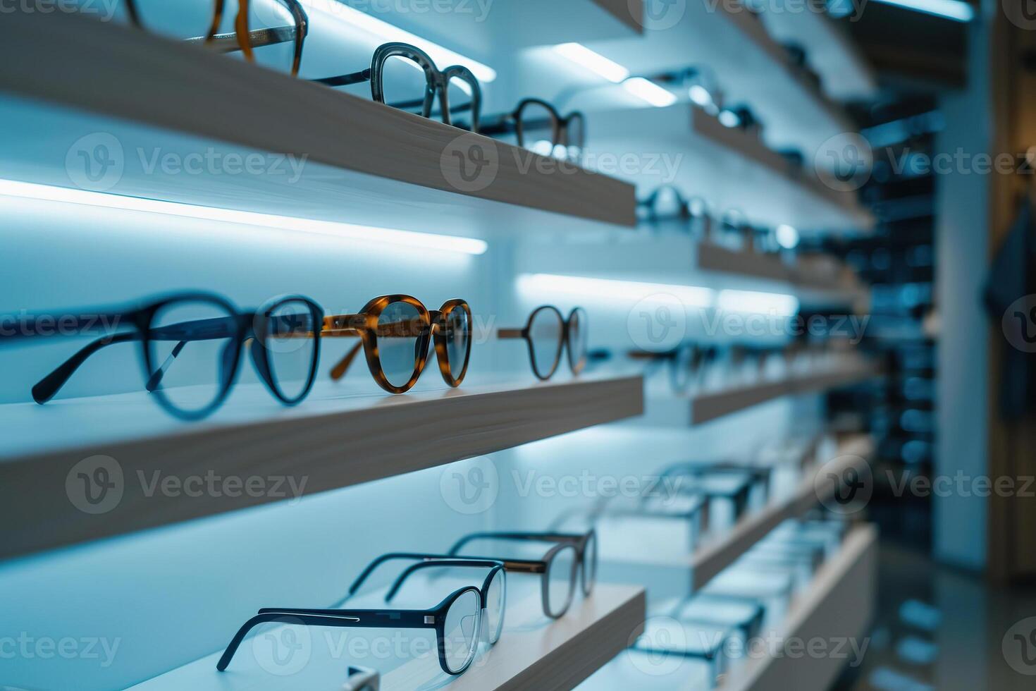 AI Generated Display of eyeglasses. Wide variety of glasses arranged on display shelves inside optic store photo
