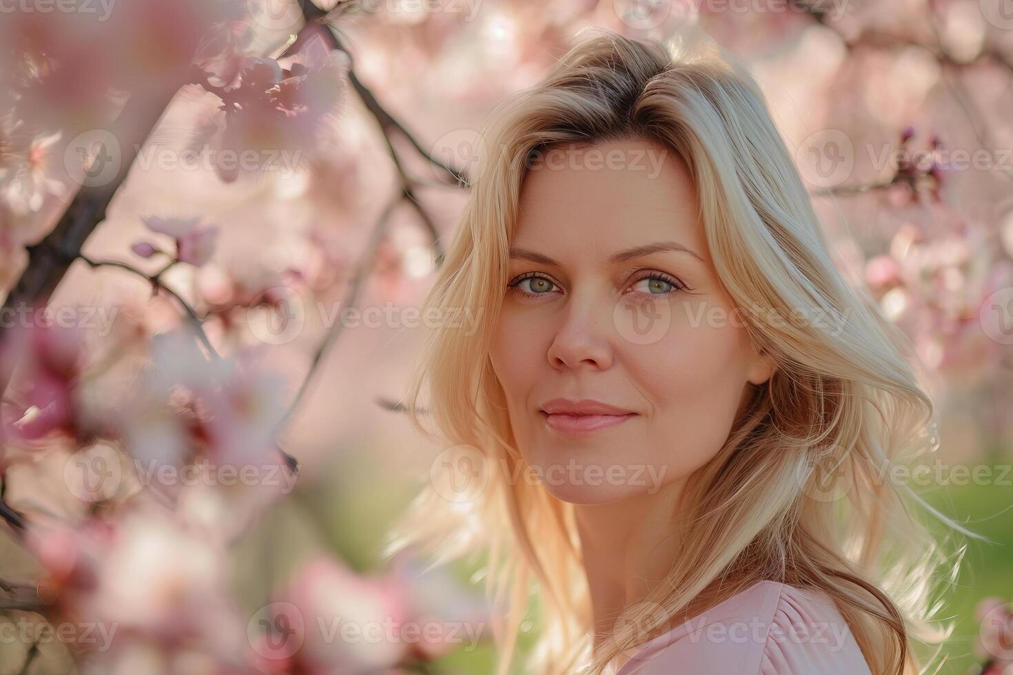 AI Generated Middle aged blonde woman enjoying spring blossoms. Spring portrait photo