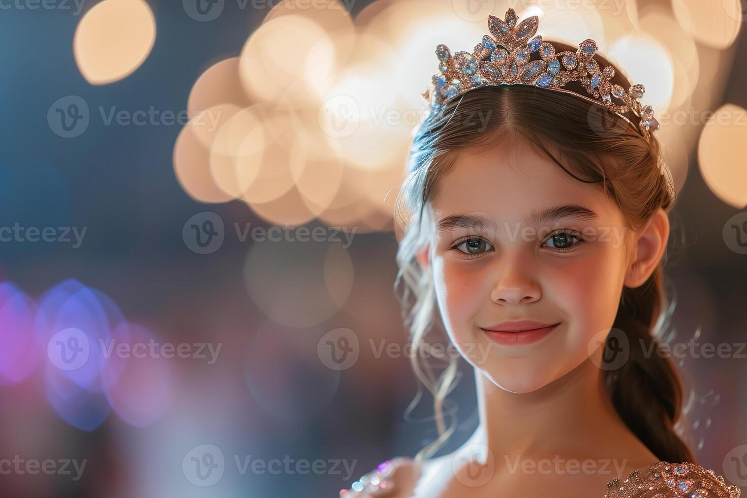 ai generado belleza pompa concurso. 12 años antiguo niña en tiara y hermosa vestido, ganador foto