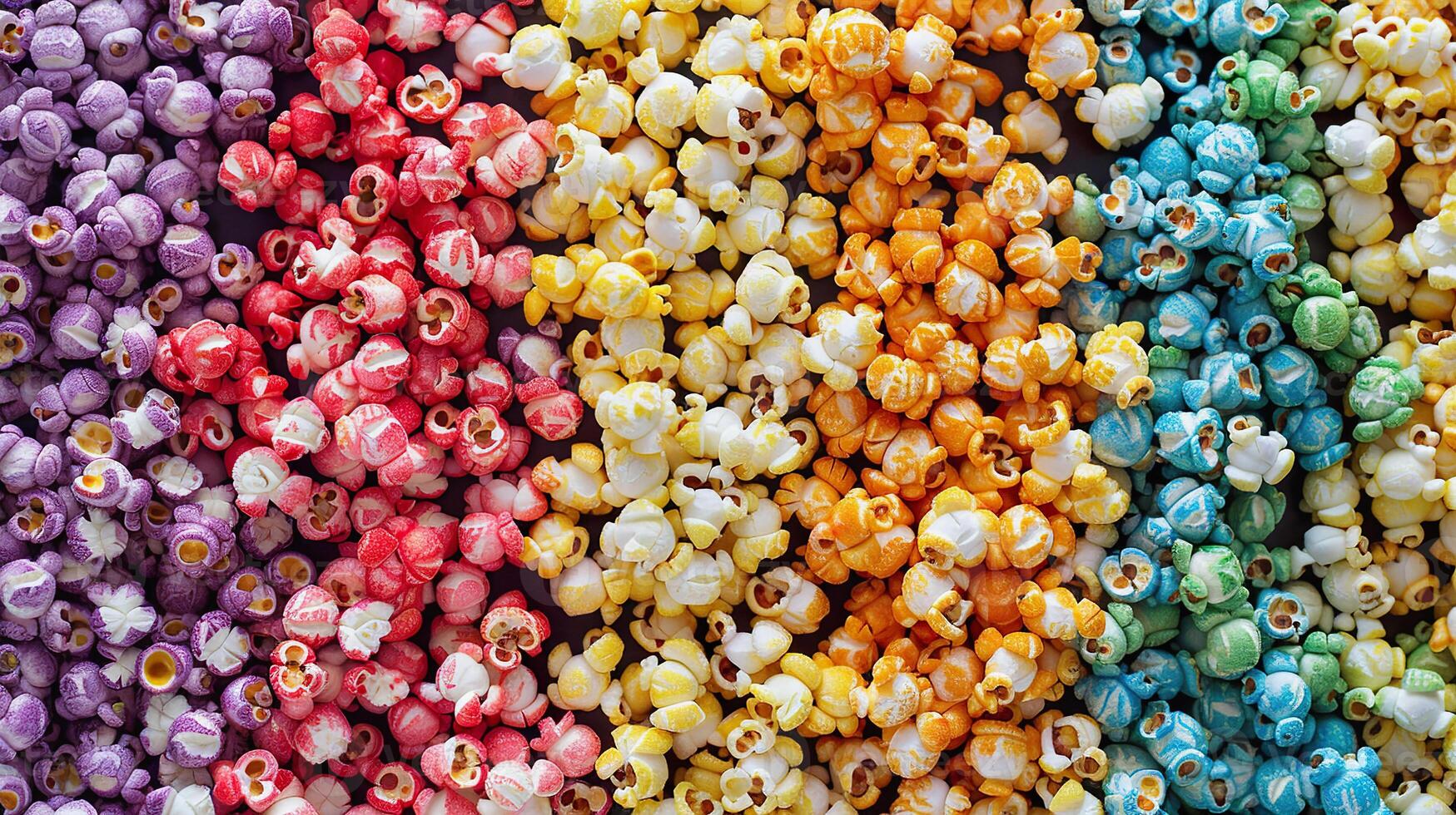 AI Generated Assorted colorful popcorn varieties, multicolored pattern, top view photo