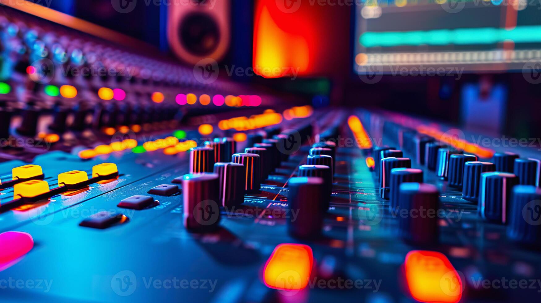 AI Generated Professional audio mixing console with colorful knobs and sliders Sound mixing board in music studio photo