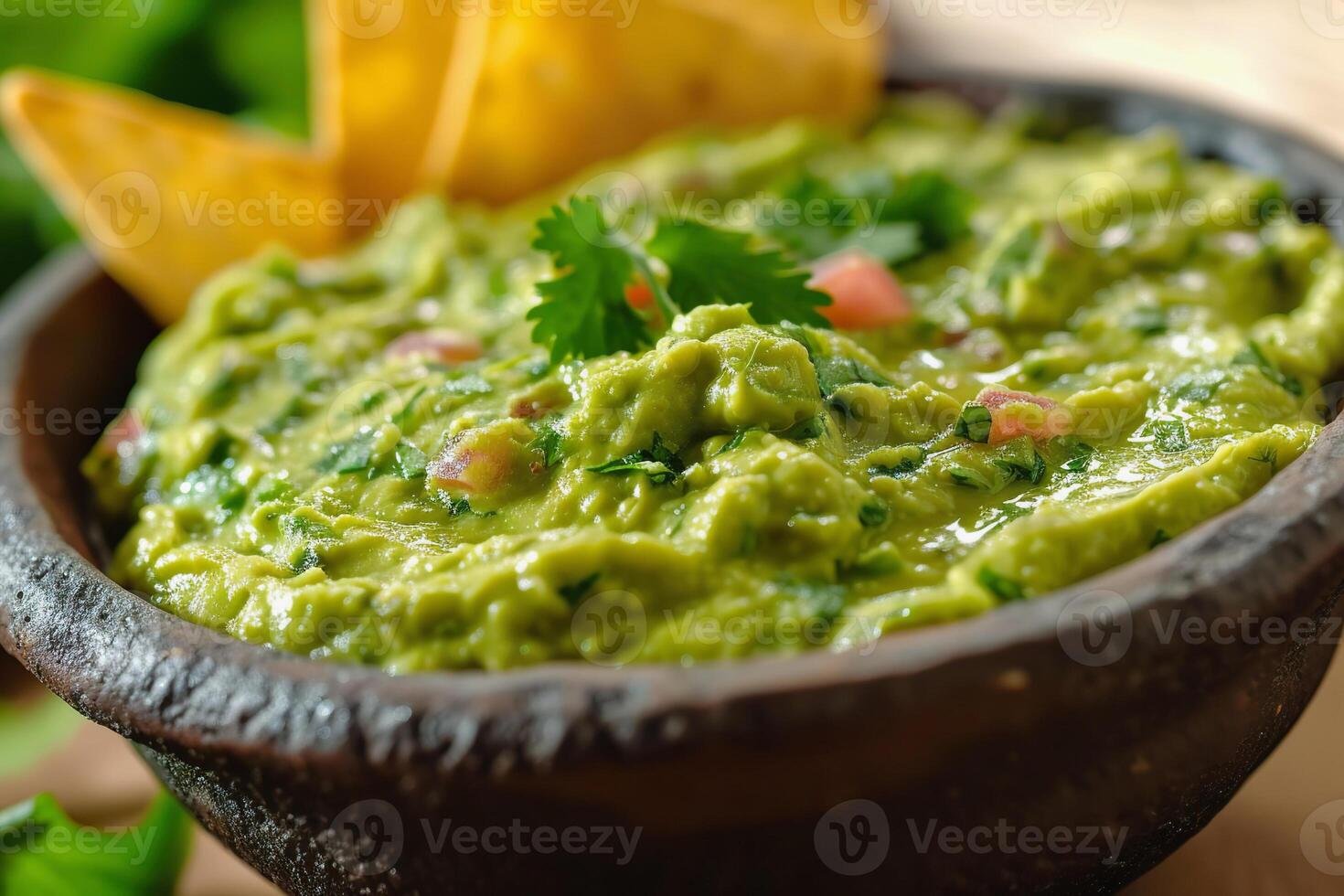 AI Generated Guacamole in a bowl garnished with fresh herbs photo