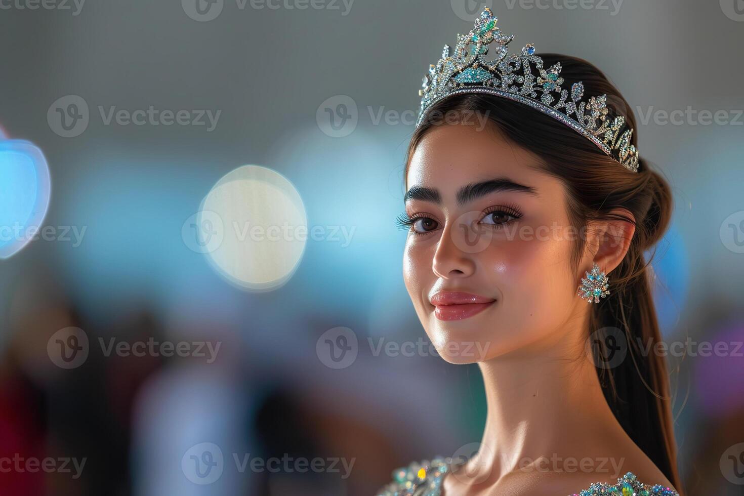 AI Generated Arab Young Beauty Queen Wearing Elegant Tiara, winner on stage photo