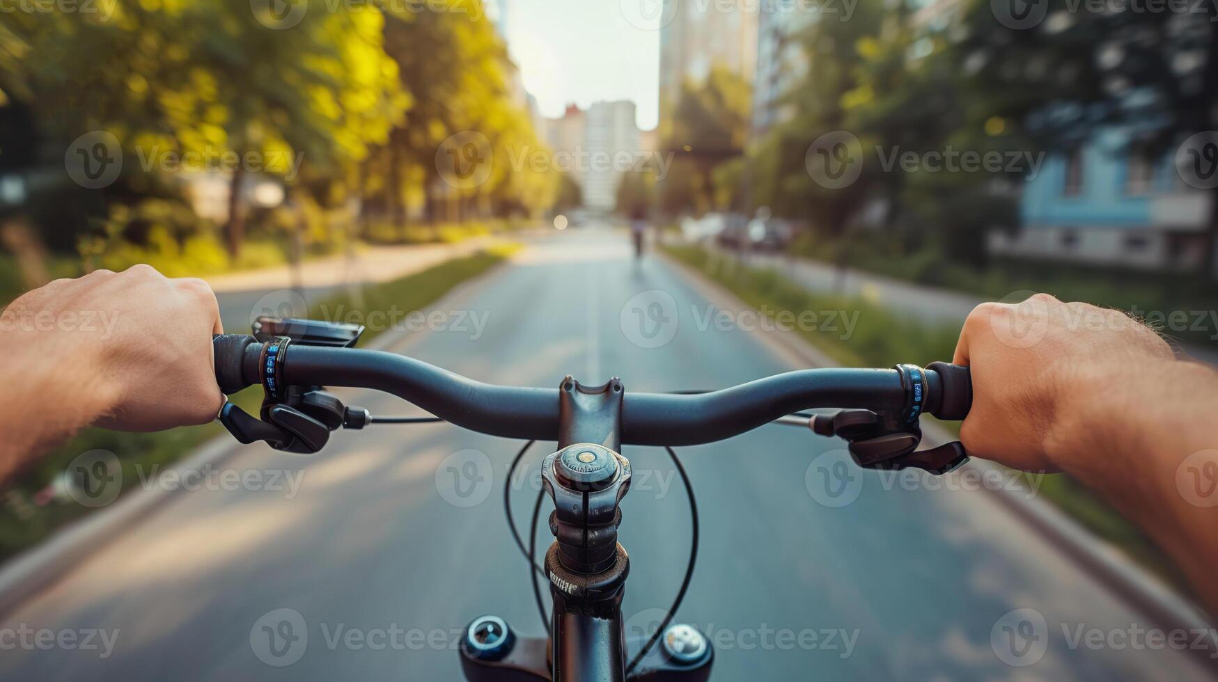 AI Generated Cyclist riding through a tree lined city street, first person view photo